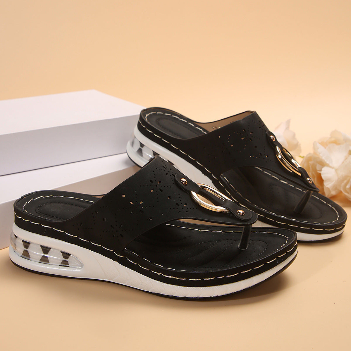 New Air Cushion Thong Sandals - Summer Flip Flops Hollow Metal Buckle Wedges Shoes For Women Thick Sole Beach Shoes