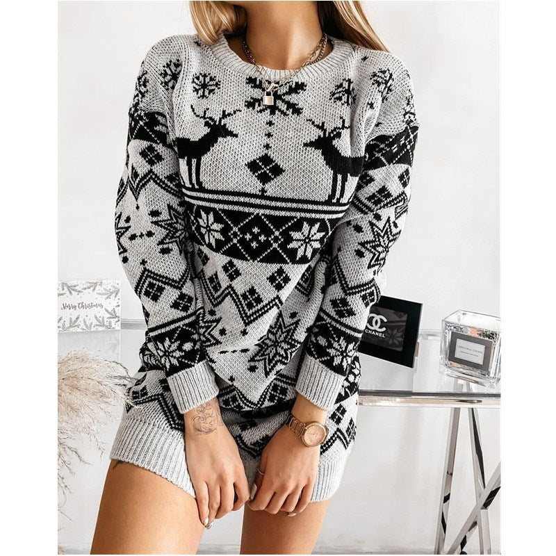 Elk Snowflake Christmas Jacquard Knitted Dress - Long Knitted Sweaters