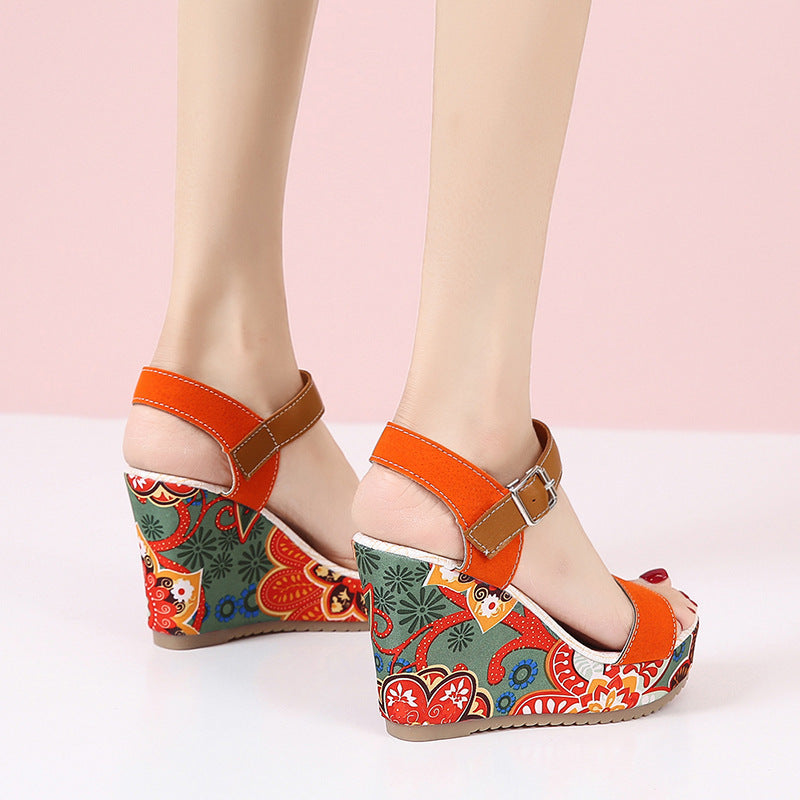 Fashion Flowers Embroidered High Wedge Sandals For Women - Summer Toe Platform Buckle Shoes