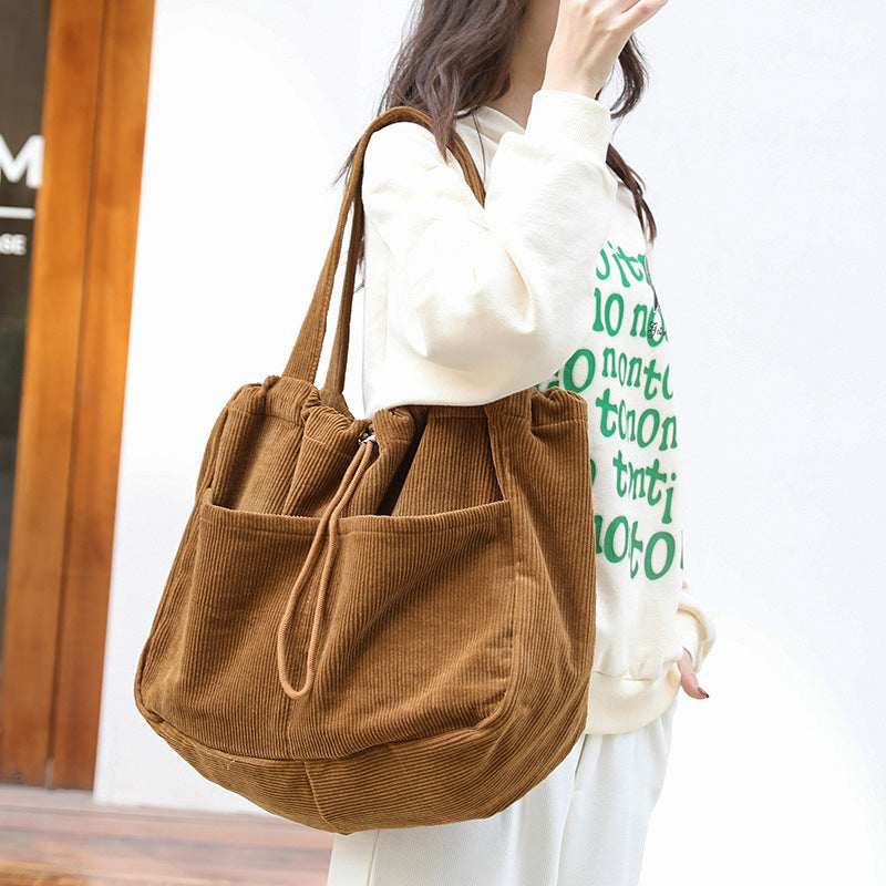 Corduroy Shoulder Bags - Drawstring Multi-pocket Handbag Women Underarm Bags