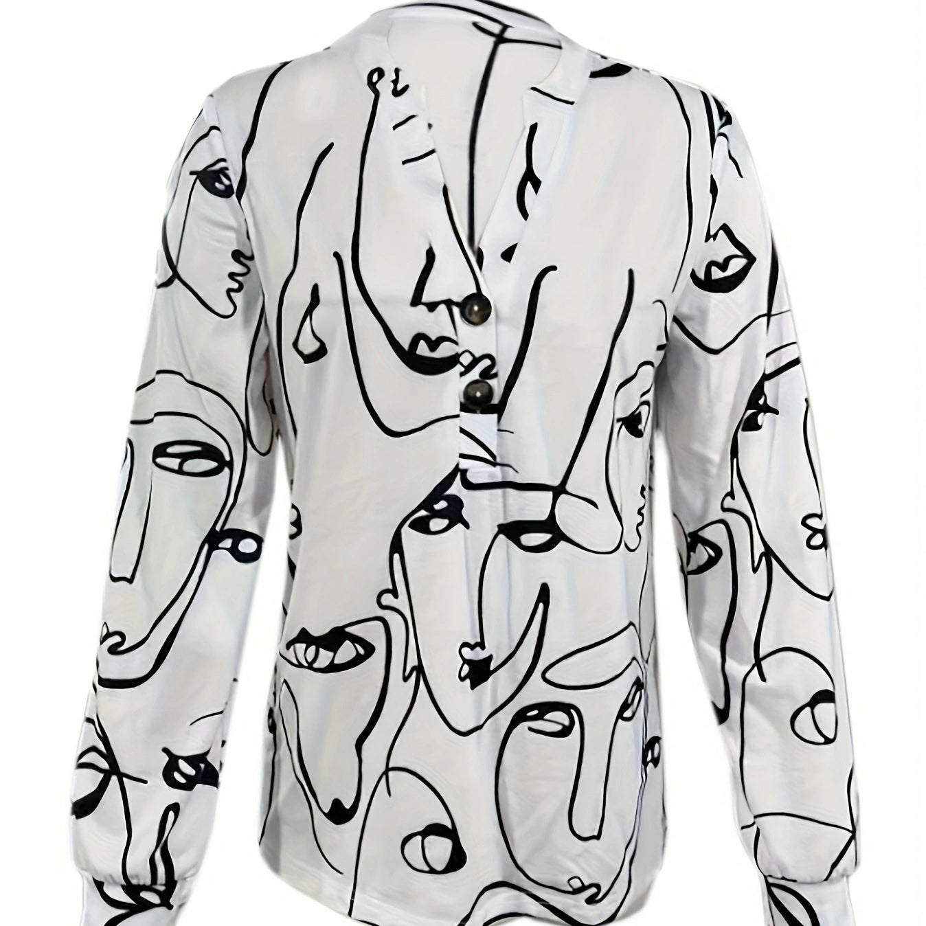 Women's V-neck Top - Fashionable Button Abstract Printed Long Sleeved Shirt Top