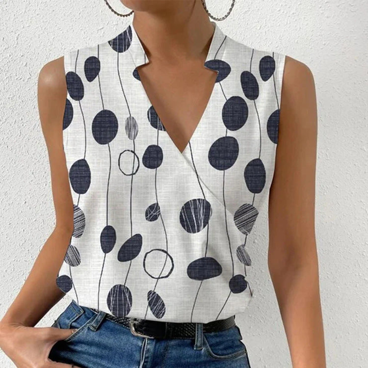 Casual Printed Summer V-neck Sleeveless Top - T-shirt Womens Clothing