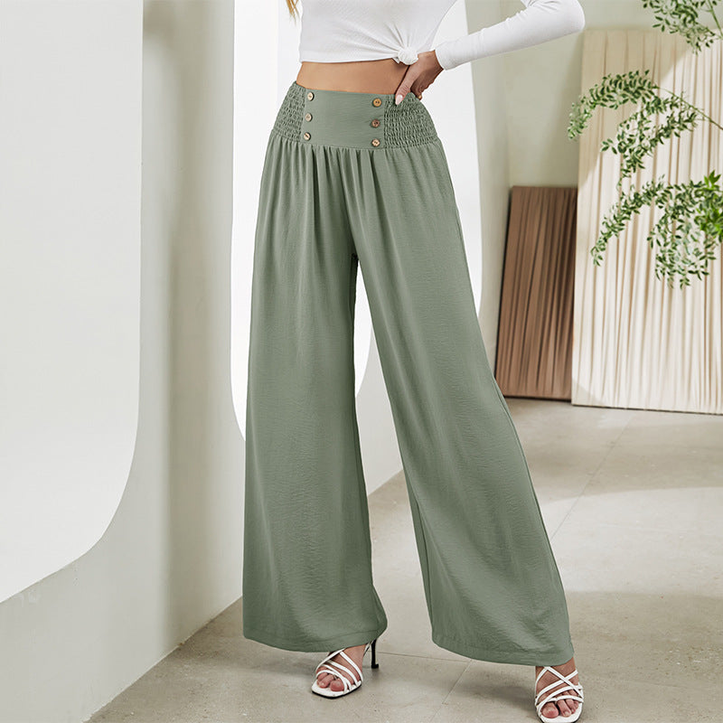 Elastic High Waist Wide Leg Pants - Casual Trousers For Women