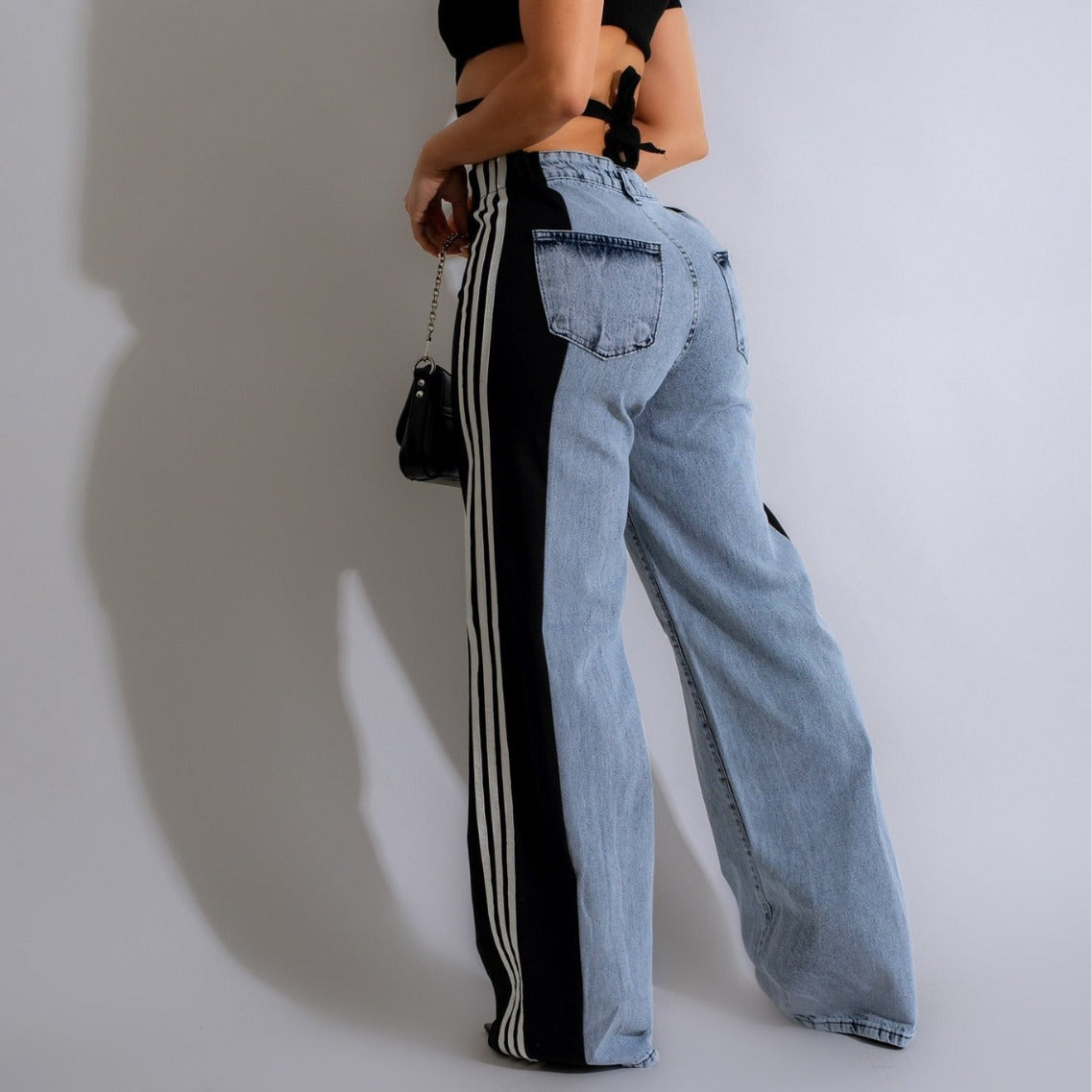 Stylish High Waist Elastic Baggy Pant -  Three Stripe Patchwork Denim Wide Leg Pants Streetwear