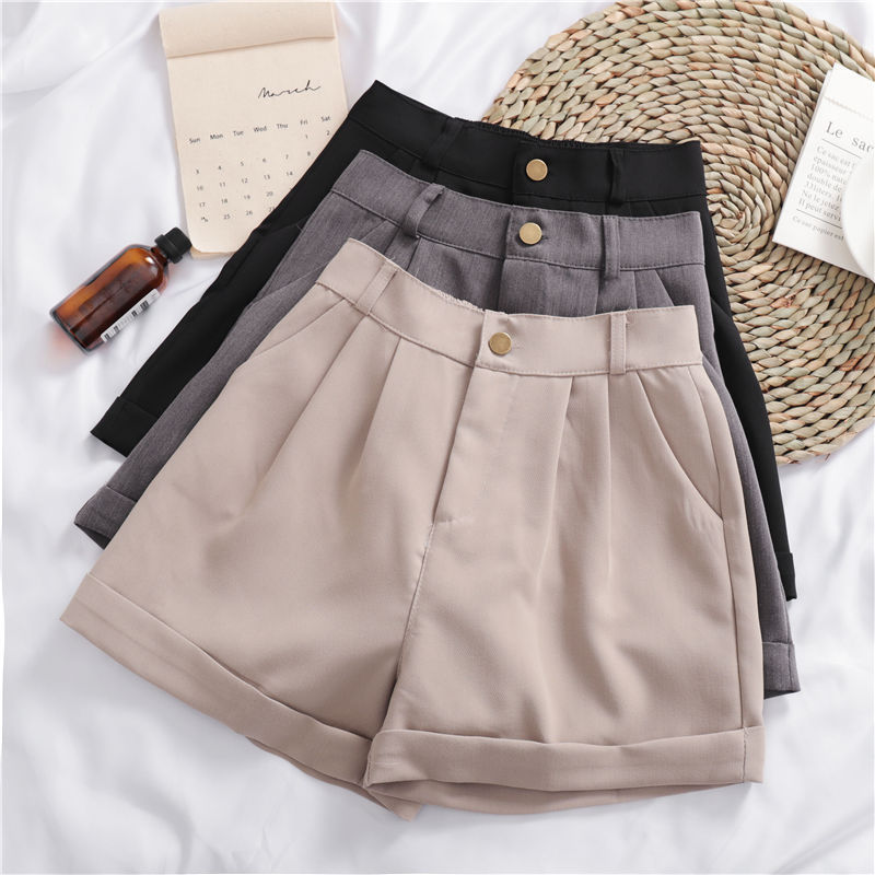 Solid Color Roll-up Wide-leg Casual Shorts