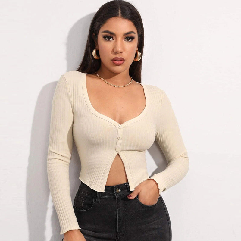 Long Sleeved Crop Cardigan Top - Sexy Button Knit T-shirt