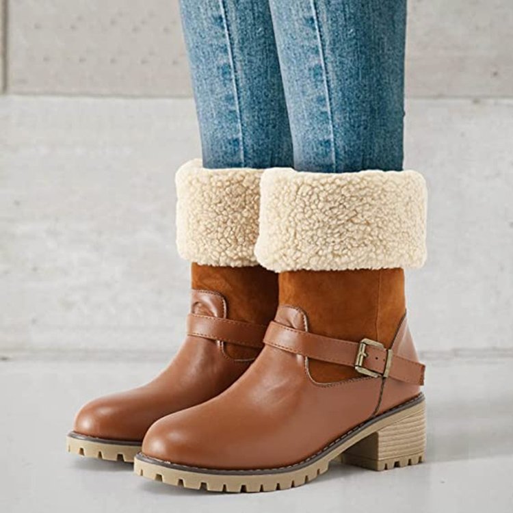 Fashion Boots With Buckle - Chunky Heel Shoes Warm Winter Round Toe Western Boots For Women