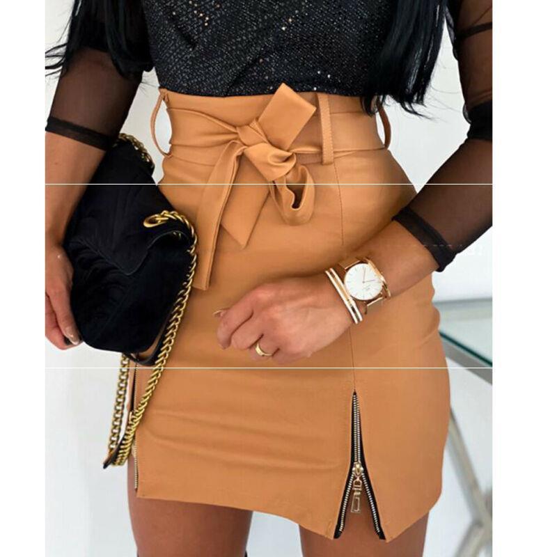 Women Bandage PU Leather Skirt - Ladies Short Mini Skirts