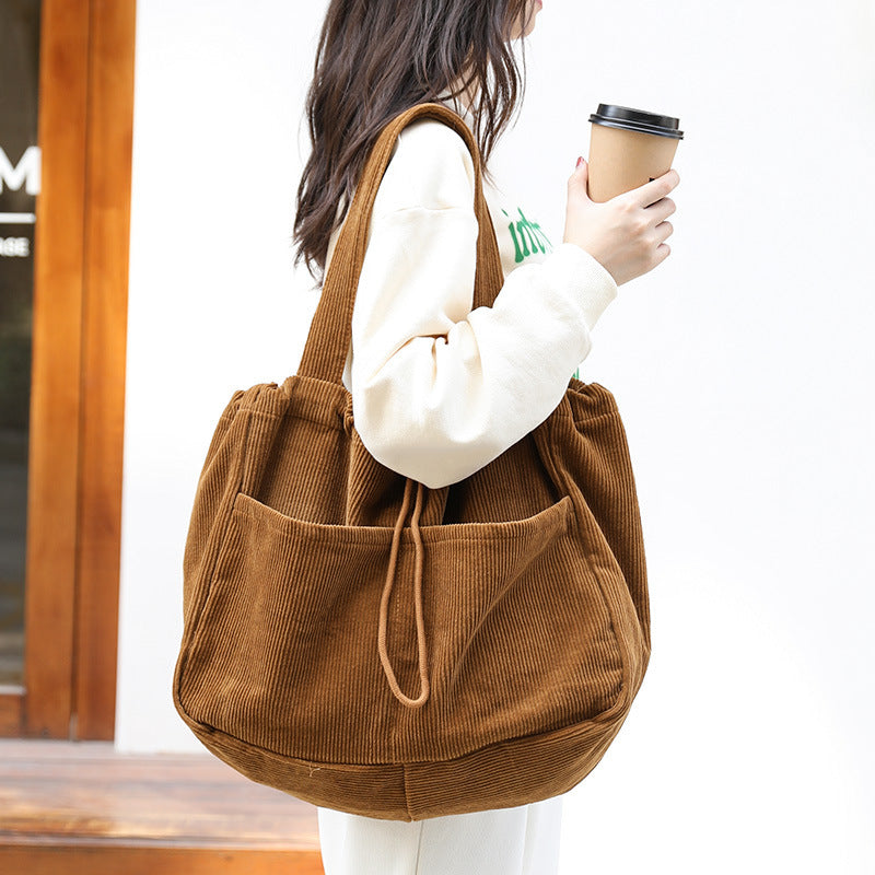 Corduroy Shoulder Bags - Drawstring Multi-pocket Handbag Women Underarm Bags