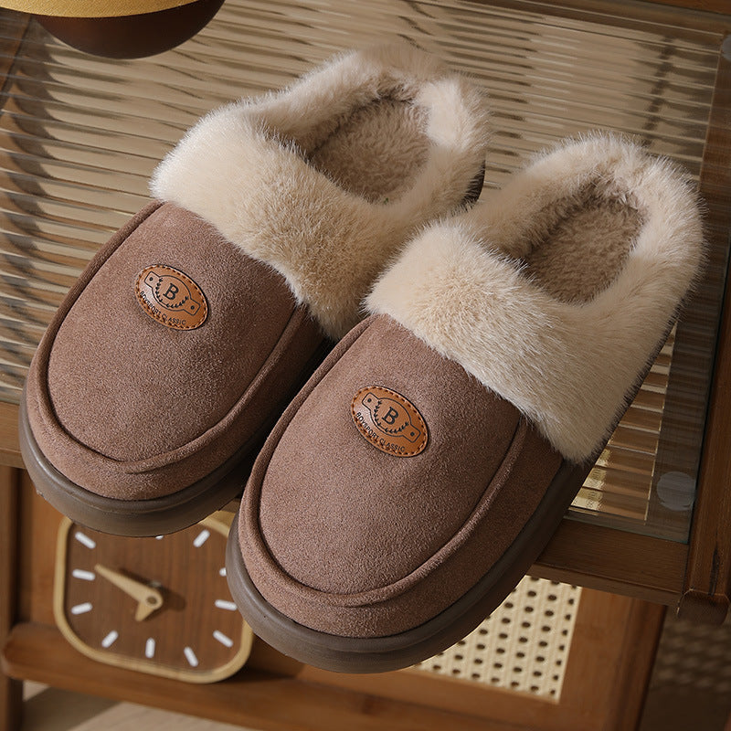 Winter Plush Slippers For Men -- Casual All-match Warm Suede House Shoes Indoor Non-slip Floor Bedroom Slipper