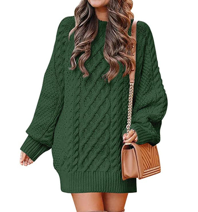 Women Round Neck Long Sleeve Twisted Knitted Sweater - Mid-length Dress Sweater