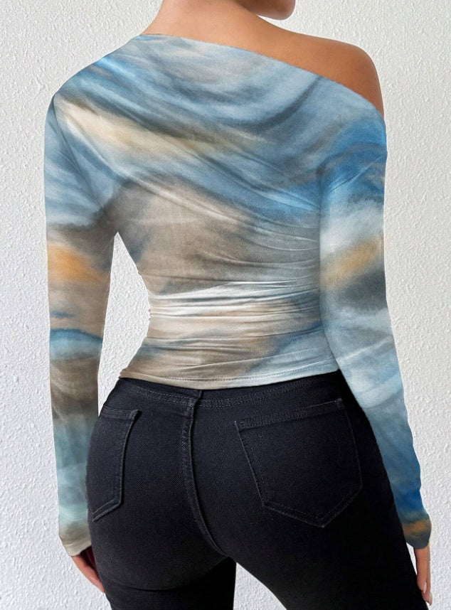 Elegant Abstract Off-Shoulder Top – Chic & Artistic Statement Piece! Print Long Sleeve T-Shirt Graphic Tees Women Tops - JumoShop