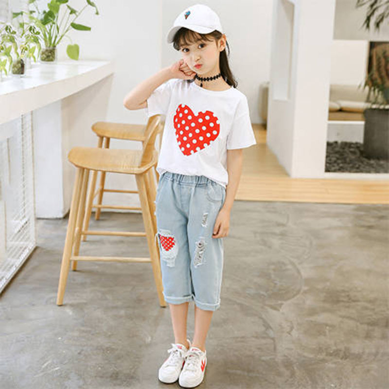Girls White T-shirt & Ripped Jeans Kids Suit