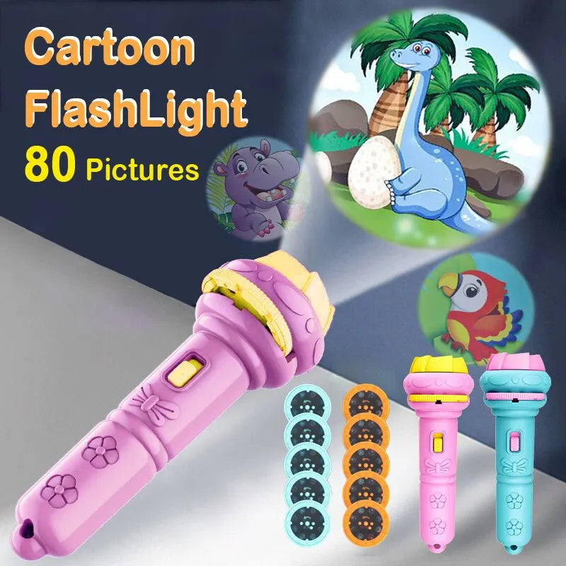 Cartoon Projection Flashlight - 80 Patterns Creative Children Flashlight Toy Projector Baby Toys Bedtime Story Book