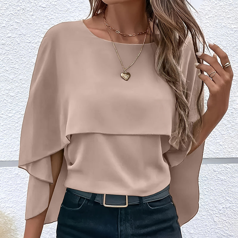 Women's Summer Chiffon Blouse - Casual Scoop Neck Cape Sleeve Tunic Tops Shirts