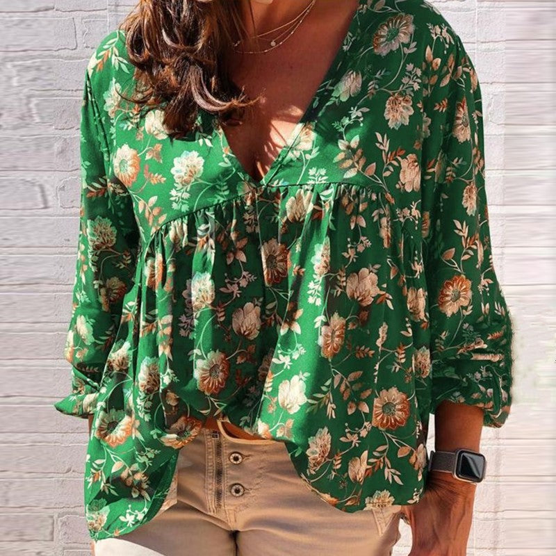 Floral V-neck Long Sleeved Blouse