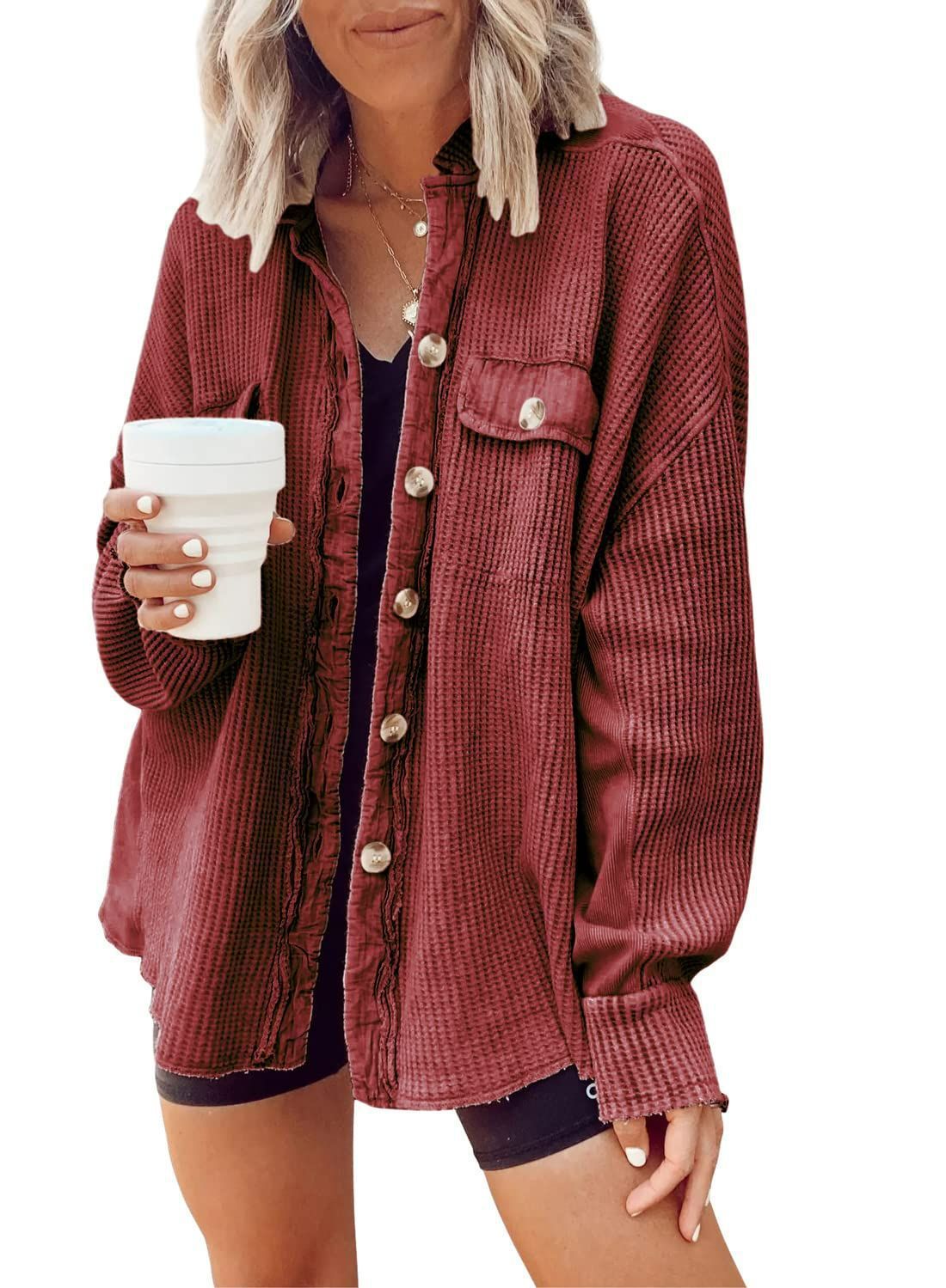 Women Button Shirt Jacket - Lapel Long Sleeve Fashion Jacket