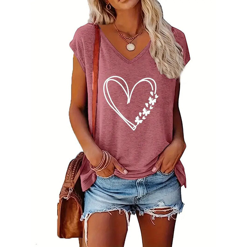 2-Pack Women's V-Neck T-Shirts Floral & Heart Print, Soft Breathable Summer Tops, Casual Streetwear