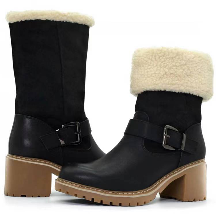 Fashion Boots With Buckle - Chunky Heel Shoes Warm Winter Round Toe Western Boots For Women