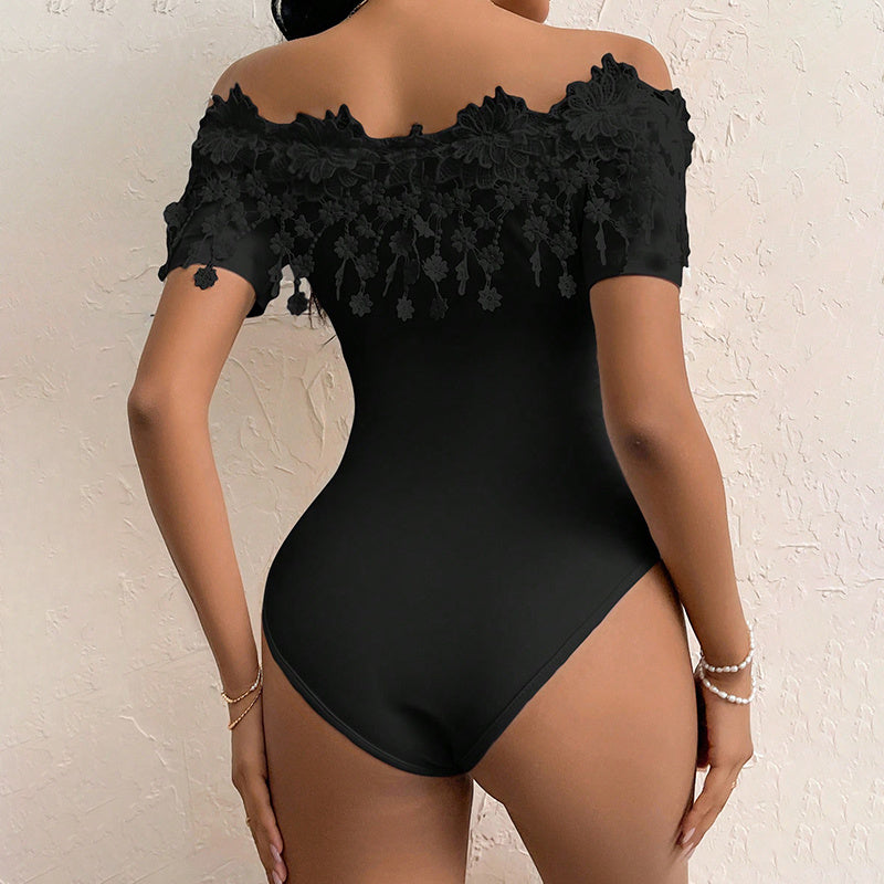 Sexy Lace design Body Suit - Women's Off Shoulder Short Sleeve Bodysuit Sexy Lace Bodycon Top