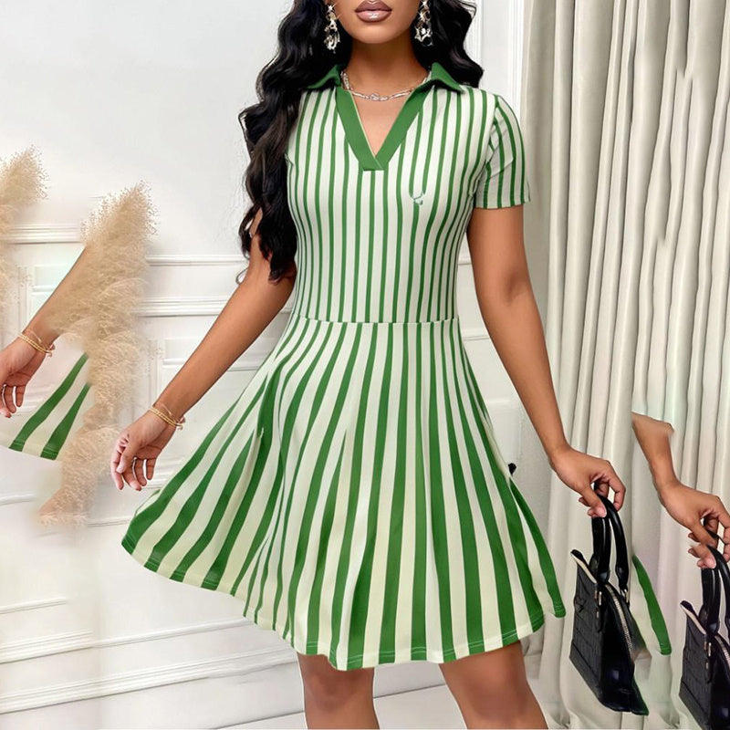 Women's Polo Dress Elegant Striped V Neck Short Sleeve A Line Dresses