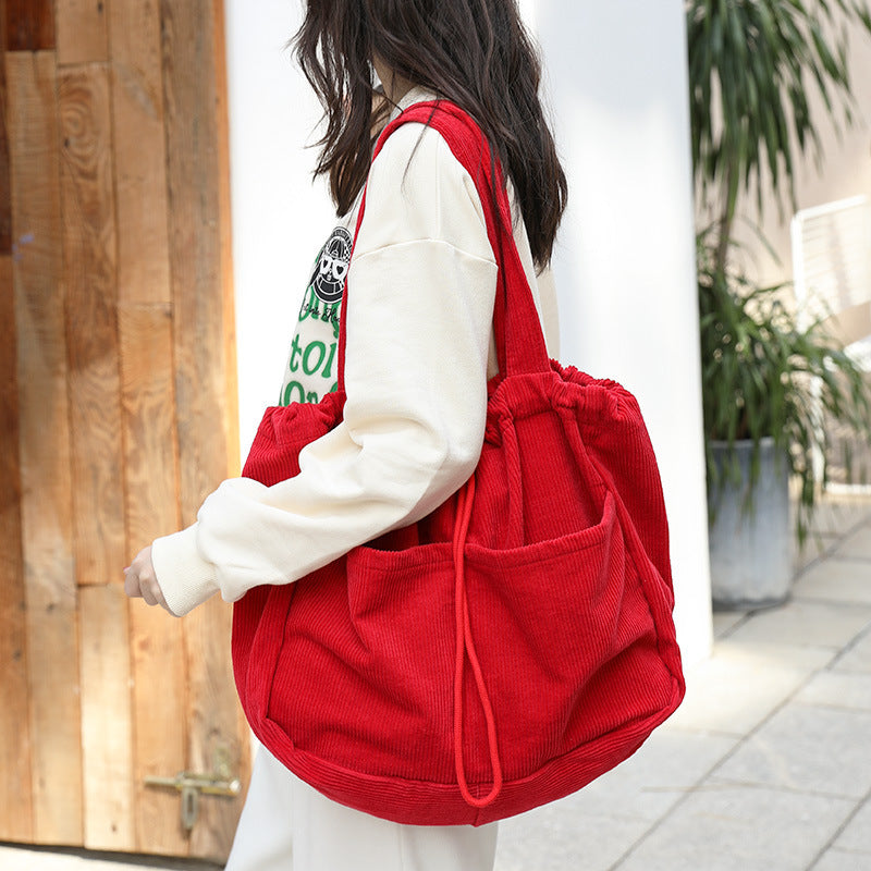 Corduroy Shoulder Bags - Drawstring Multi-pocket Handbag Women Underarm Bags