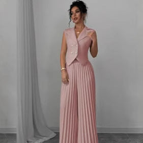 Summer Sleeveless Suit - Fashion Lapel Button Vest Top And Pleated Straight Pants Women's Trousers Set Clothing