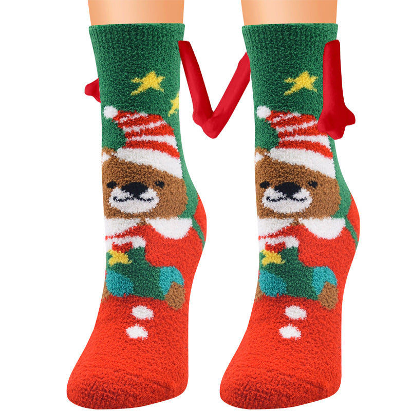 Christmas Supplies Magnetic Suction Hand In Hand Couple Socks - Coral Fleece Tube Socks Warm Slipper Bed Socks Winter Soft Warm Slipper