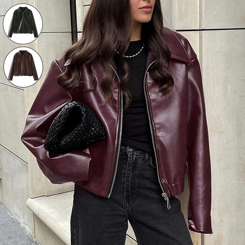 Lapel Zipper Leather Jacket - Fashion Casual Long Sleeve Leather Coat