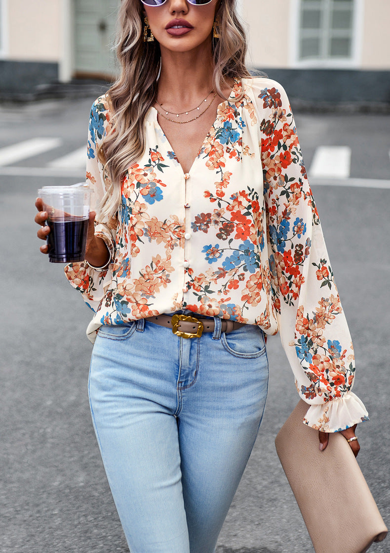 Women Floral Casual V Neck Long Sleeve Shirt - Loose Chiffon Blouses Shirts Tops
