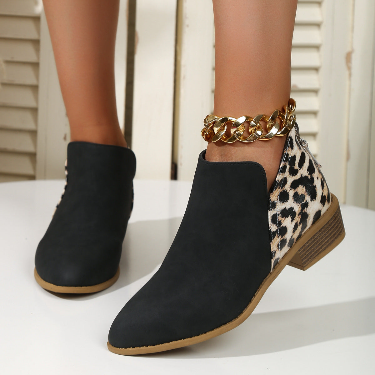 Leopard Print Boots - Women Pointed Toe Chunky Heel Back Zipper Shoes