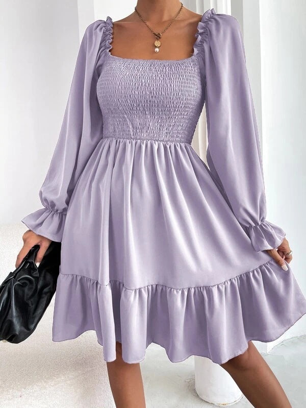 Flared Long Sleeve Dresses - Women Square Neck Ruffled Swing Dress