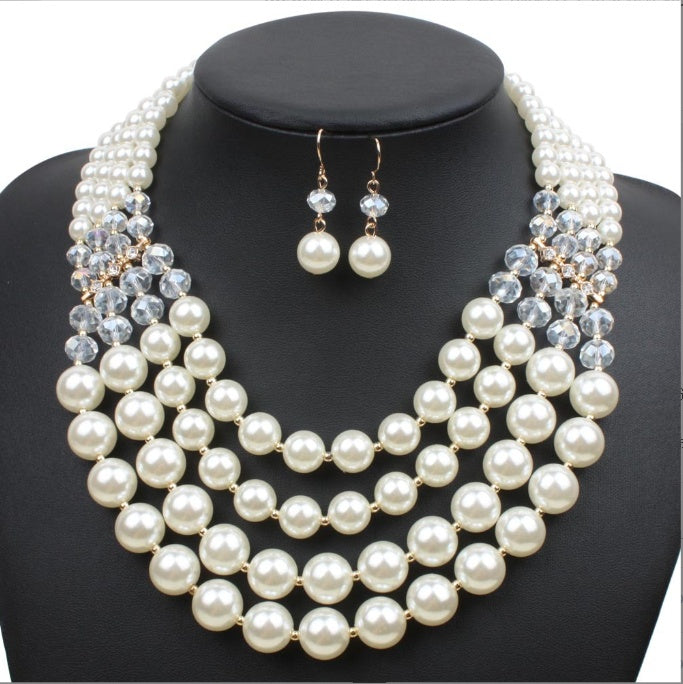 Europe Crystal Pearl Long Necklace Earrings - Bride jewelry set accessories