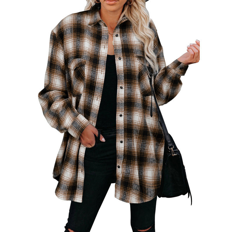Plaid Spring Mid-length Loose Blouse - Turndown Collar Shirt Clothing