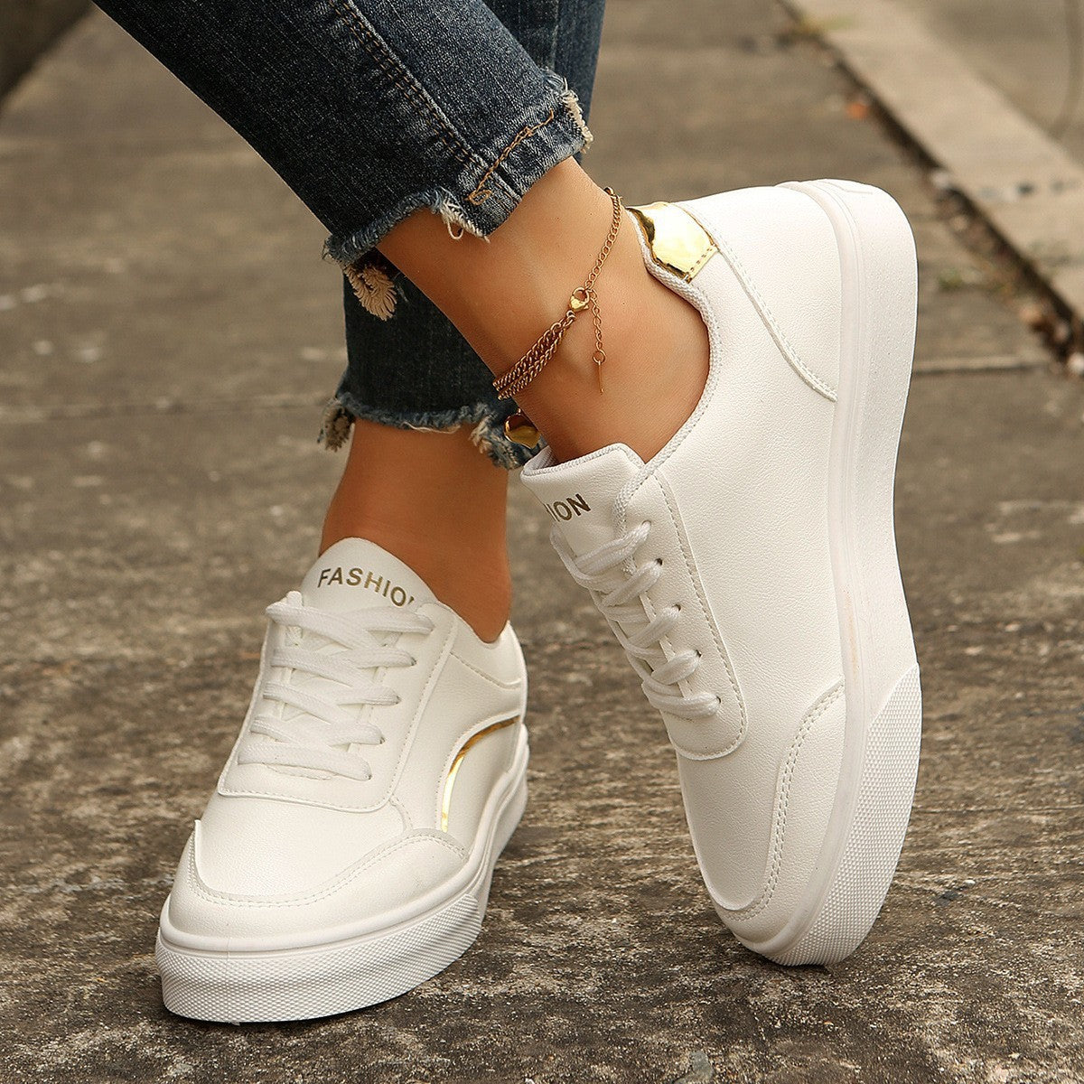 Lace-up White Flats Shoes - Fashion Round Toe Slip-on, Thick Sole Casual Shoes For Women