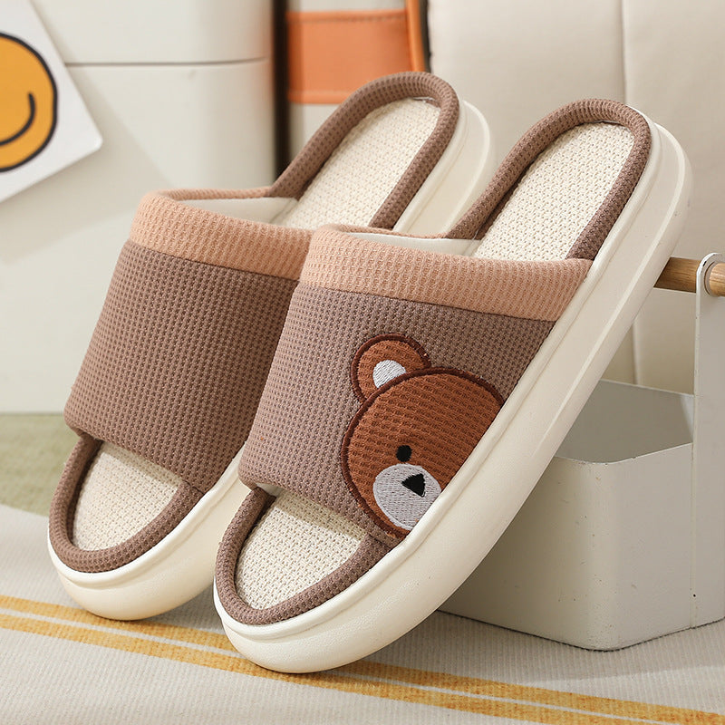 Cute Cartoon Bear Linen Slippers For Women -- Indoor Non-slip Sweat-absorbent Breathable Slip On Floor Bedroom Slipper House Shoes