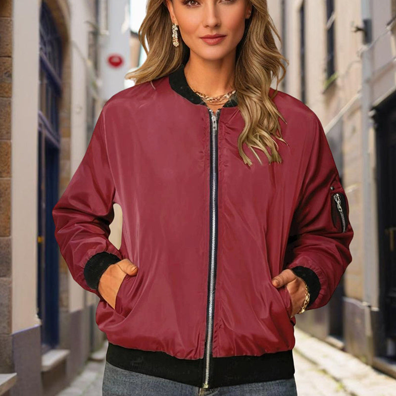 Women's Zippered Long-Sleeve Stand Collar Jacket Color-Blocked Spring & Fall Fashion Minimalist Top