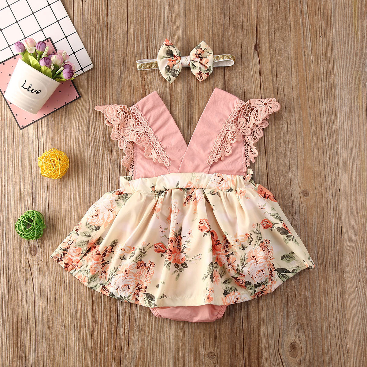 Baby Romper Floral Lace V Neck Sleeveless Dress - Jumpsuit Newborn Headband Kid Outfits Summer Clothing
