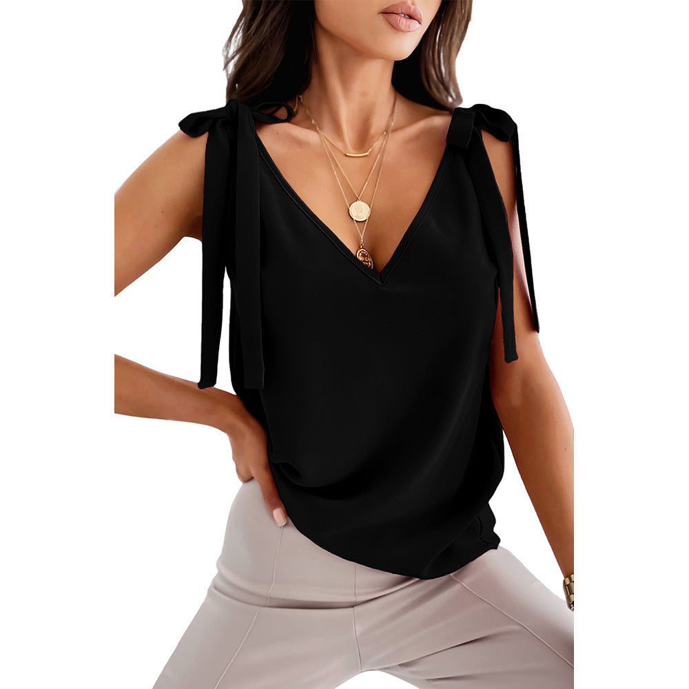 Chic Satin Bowknot Camisole – Effortless Elegance for Every Occasion ✨ Bowknot Tie Up Camisole V-neck Shirts Women Summer Sleeveless Tank Tops - JumoShop
