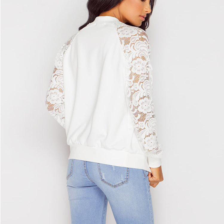 Women Bomber Jacket With Lace Sleeves