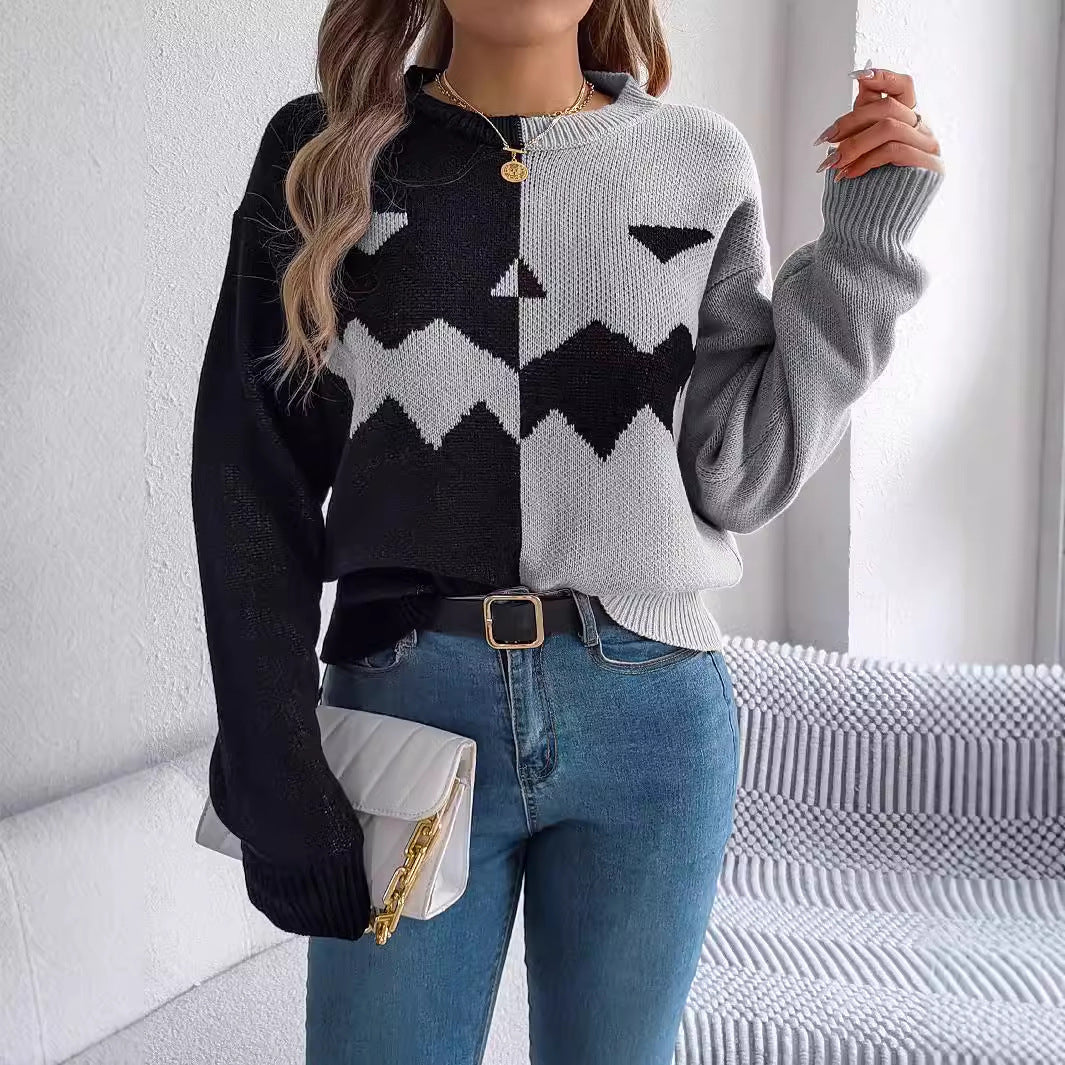 Halloween Contrast-color Pullover Sweater - Fashion Long Sleeve Knitted Tops For Womens Clothing