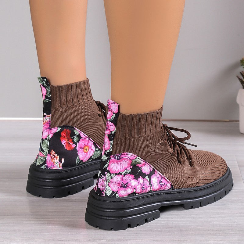 Knitted Flowers Print Boots