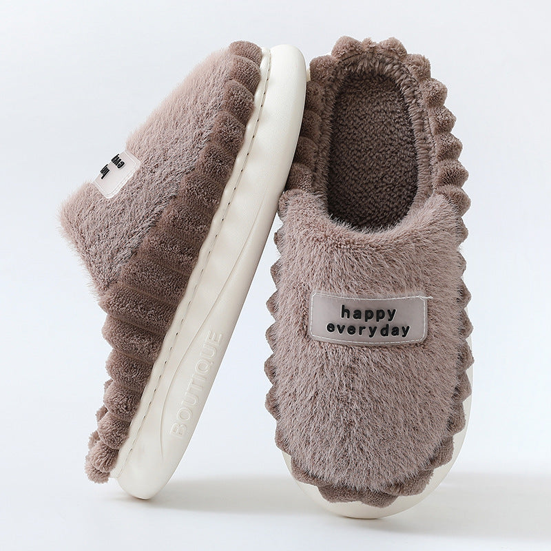 Home Slippers For Men -- Thick-soled, Color-block Letters Fluffy Fleece  House Shoes