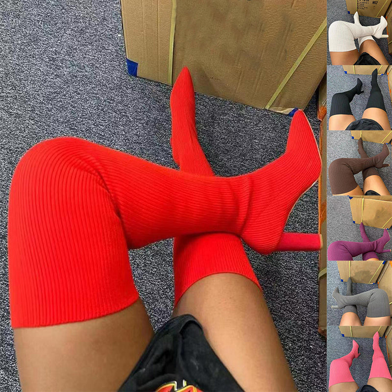 Over Knee Long Boots Pointed Toe High Heel - Stretch Knitting Shoes Women Winter Boot