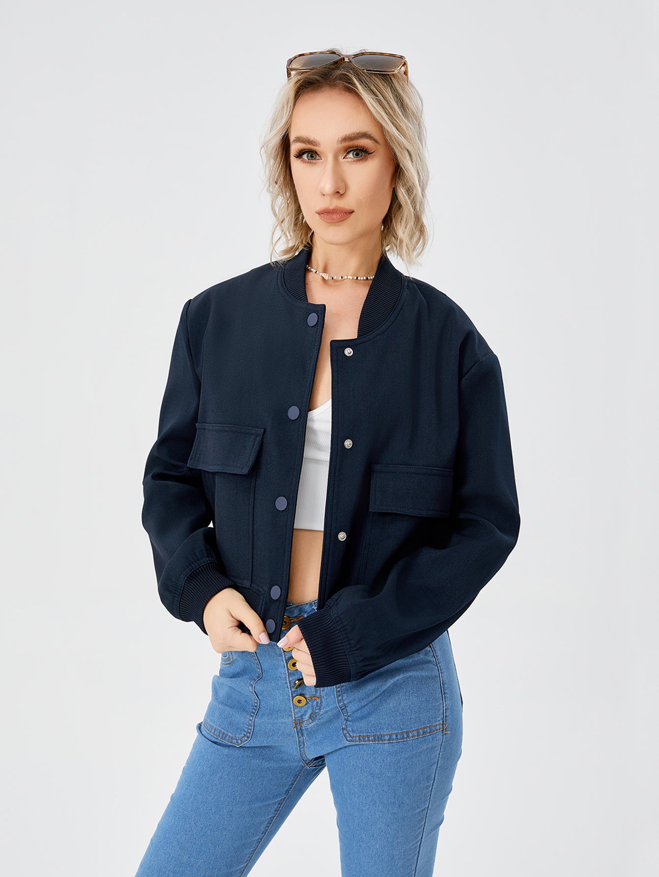 Lightweight Cropped Bomber Jacket - Casual Long Sleeve Varsity Jacket With Pocket Fashion Y2k Jacket Streetwear