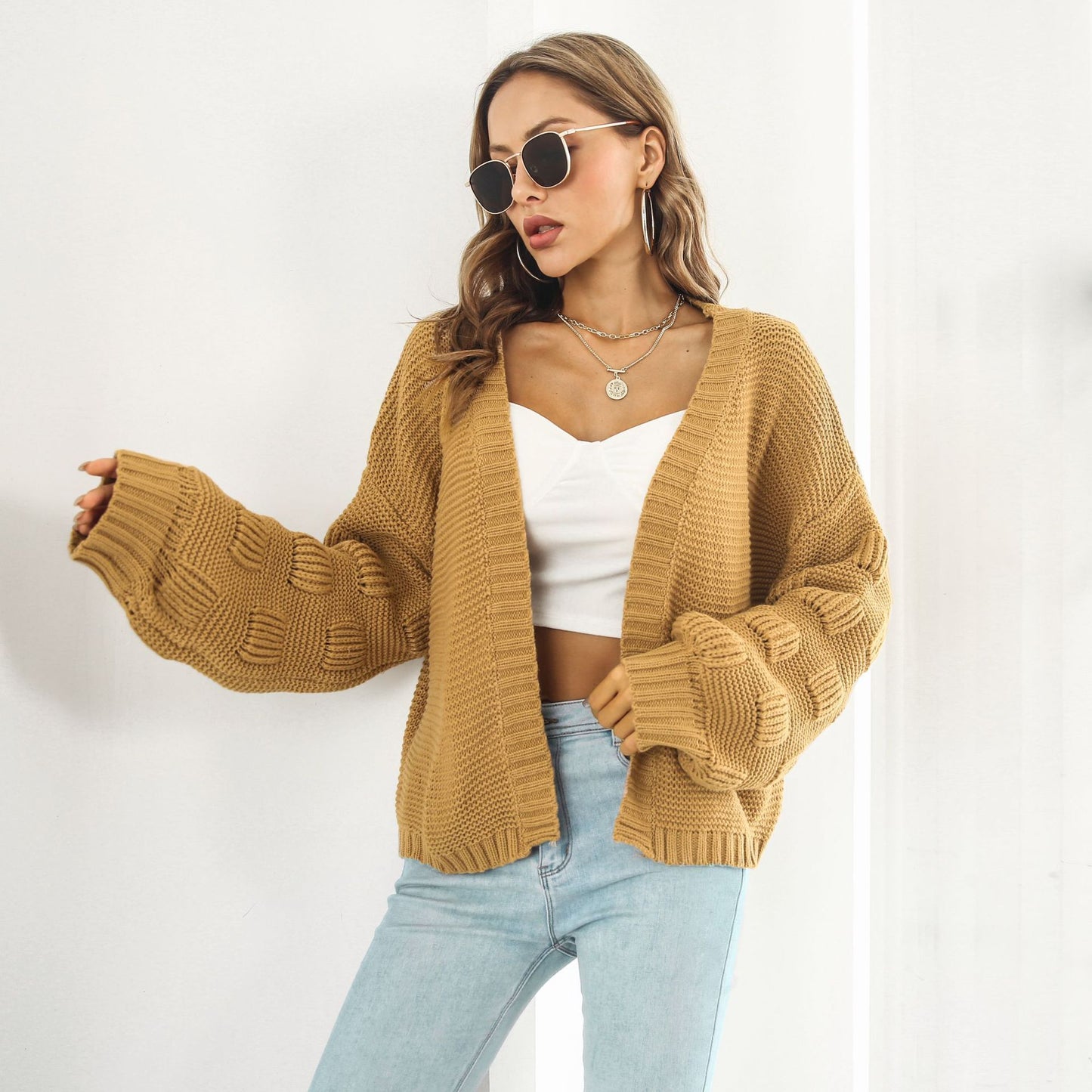 Puff Sleeve Cardigan Sweater - Women Clothes Front Chunky Knitwear Coat