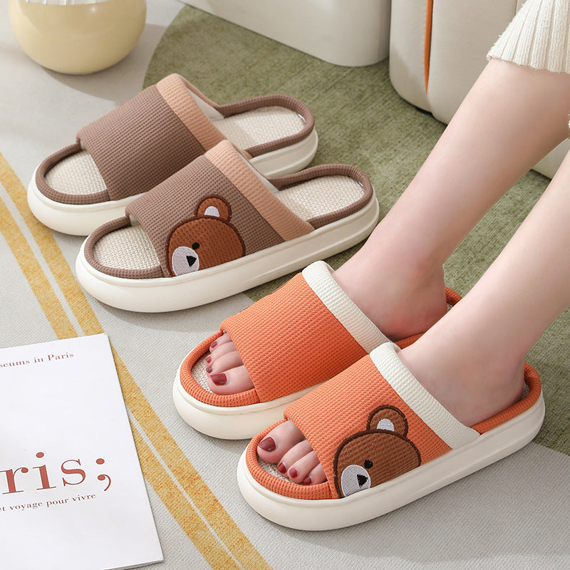 Cute Cartoon Bear Linen Slippers For Women -- Indoor Non-slip Sweat-absorbent Breathable Slip On Floor Bedroom Slipper House Shoes