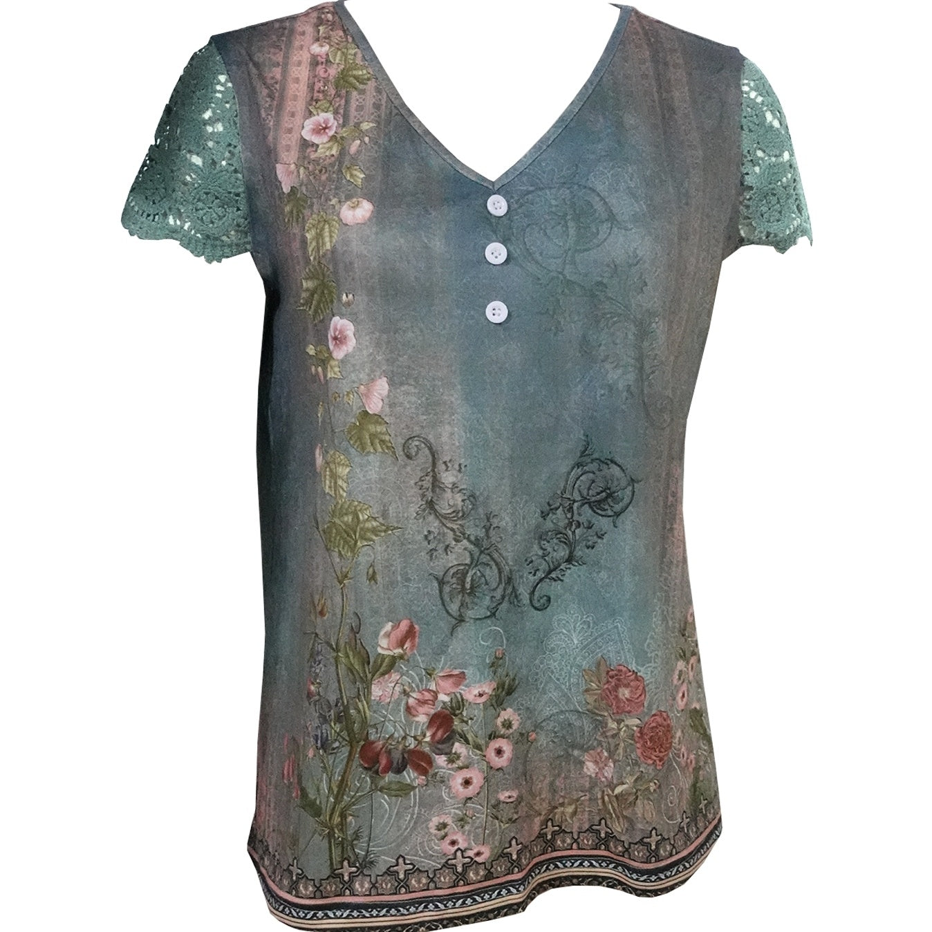 Ladies' Floral Print Fashionable Versatile Lace Patchwork Sleeves Elegant Style Short Sleeved Shirt Top