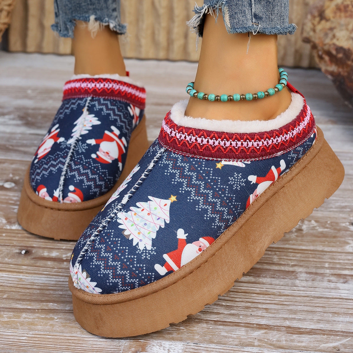 Women's Cartoon Christmas Print Ankle Boots - Casual Slip On Plush Lined Home Shoes Comfortable Winter Short Boots