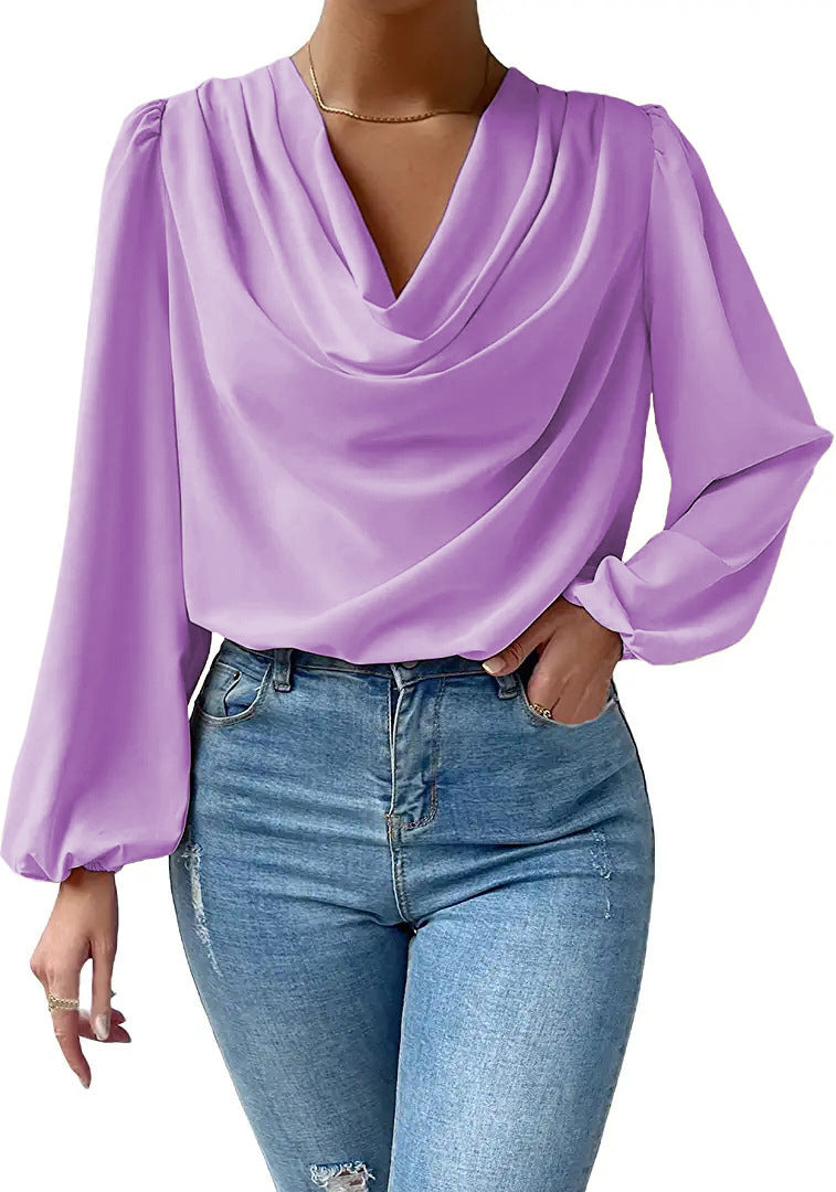Chiffon Long Sleeved Shirt - Loose V-neck Top T-shirt Women's Clothing